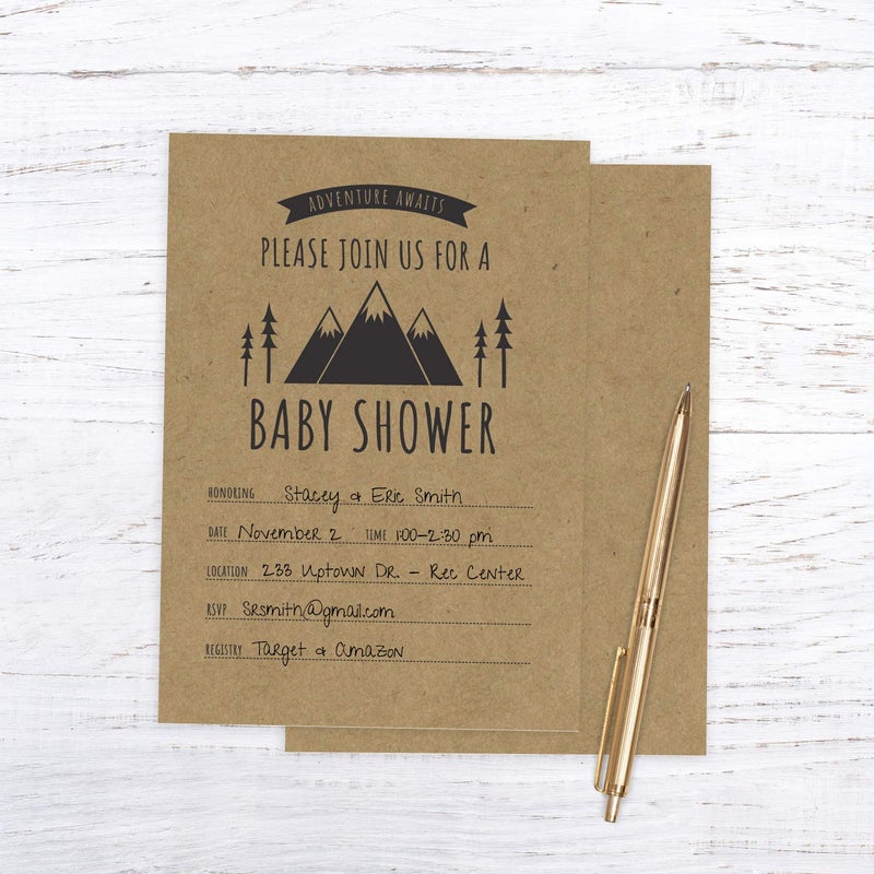 Canopy Street Adventure Awaits Baby Shower Invitations / 25 Mountain Themed Fill In The Blank Gender Neutral Baby Shower Invites / 5" x 7" Flat Boy Or Girl Gender Reveal Invitation - Image 4